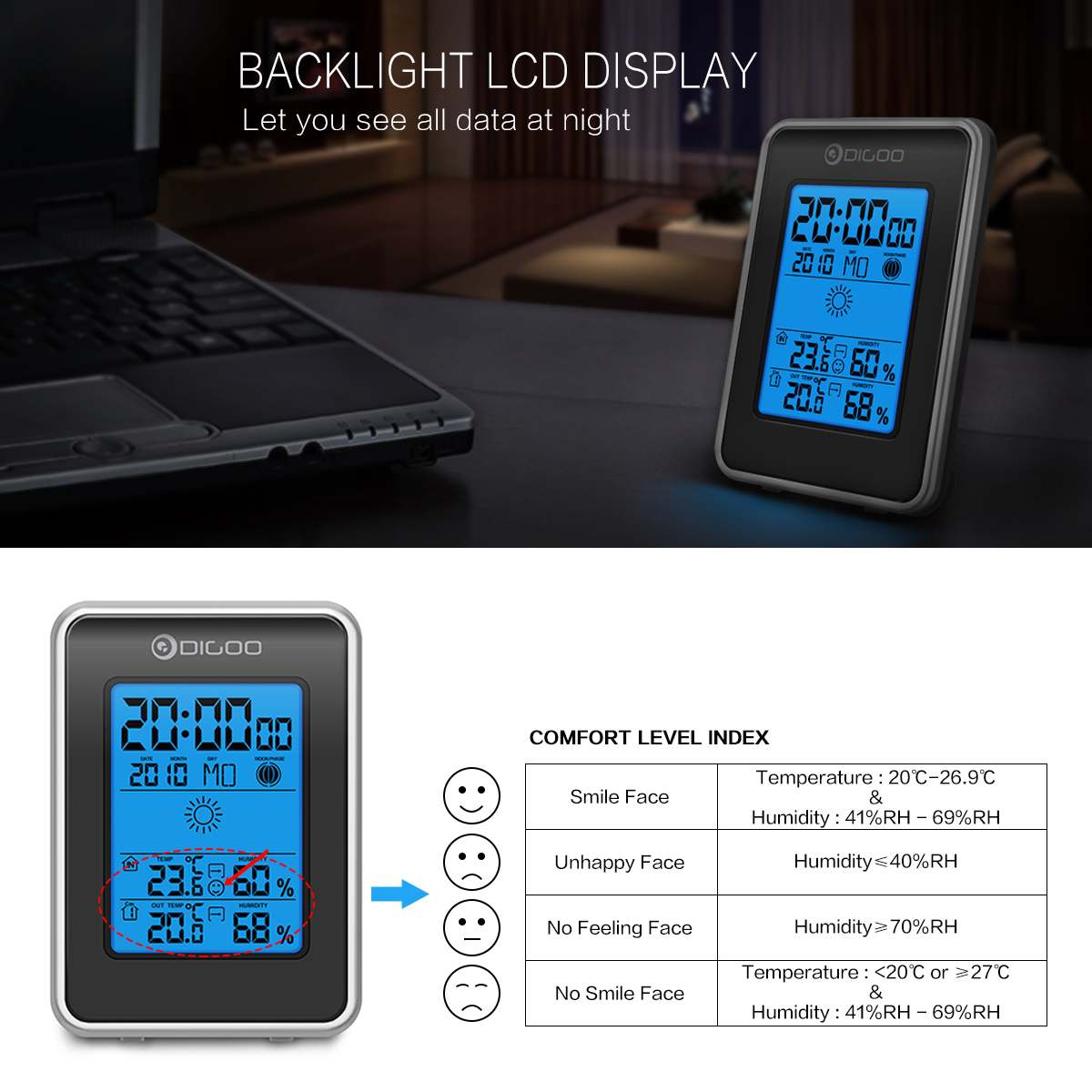 Digoo DG-TH1981 Station météo numérique LCD hygromètre thermomètre mètre sans fil intérieur extérieur prévision capteur horloge rétro-éclairage