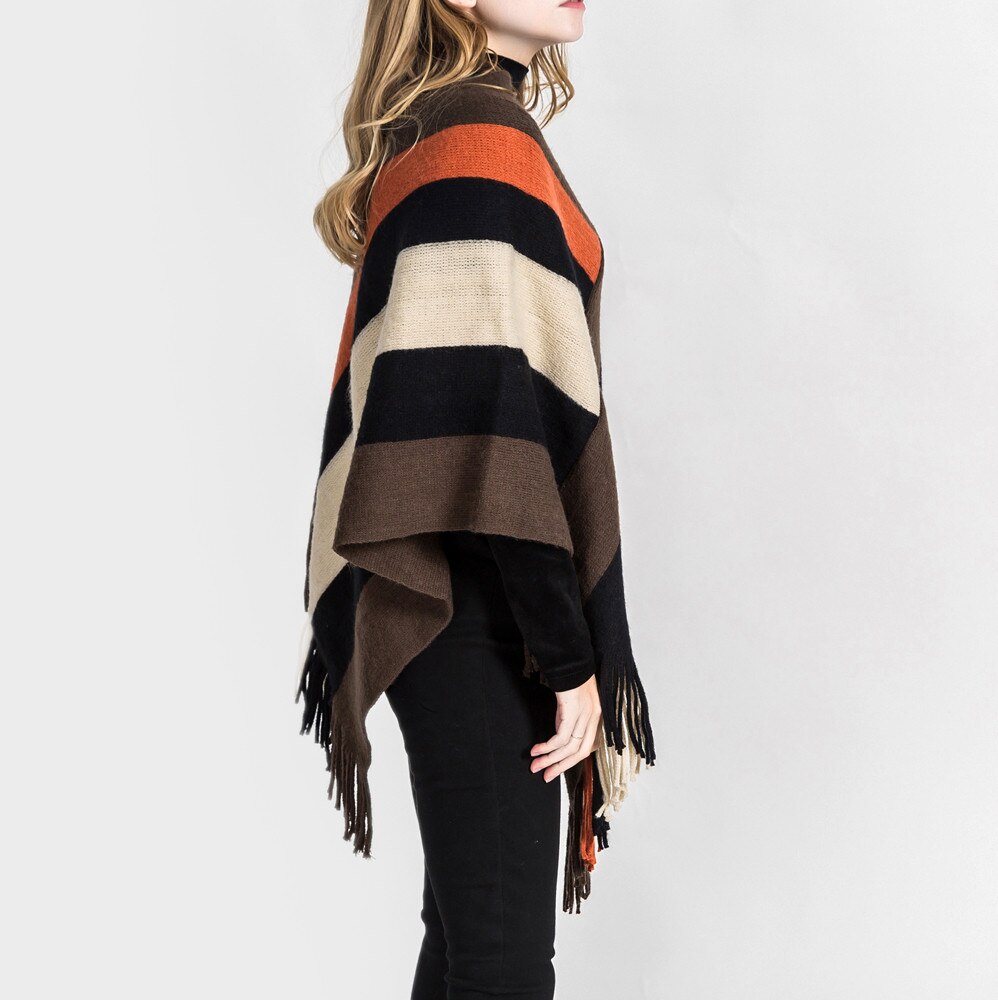 40# Tassel Striped Patchwork Sweater Poncho Tops Knitted Women Blanket Splicing Pattern Sweater Poncho Coat Wrap Cozy Shawl Tops