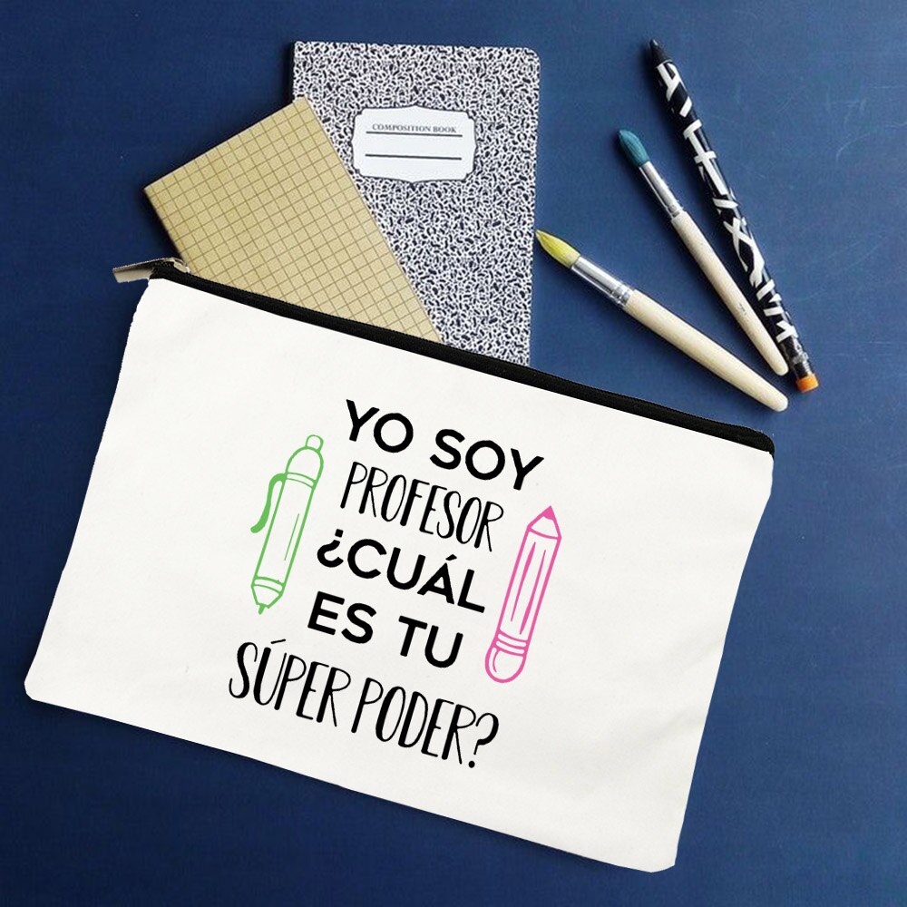 Yo Soy Profesor Cual Es Tu Superpoder Spaans Make Tassen Leraar Canvas Potlood Opslag Pouch Reizen Toiletartikelen Organizer: W01327-TBWH-D