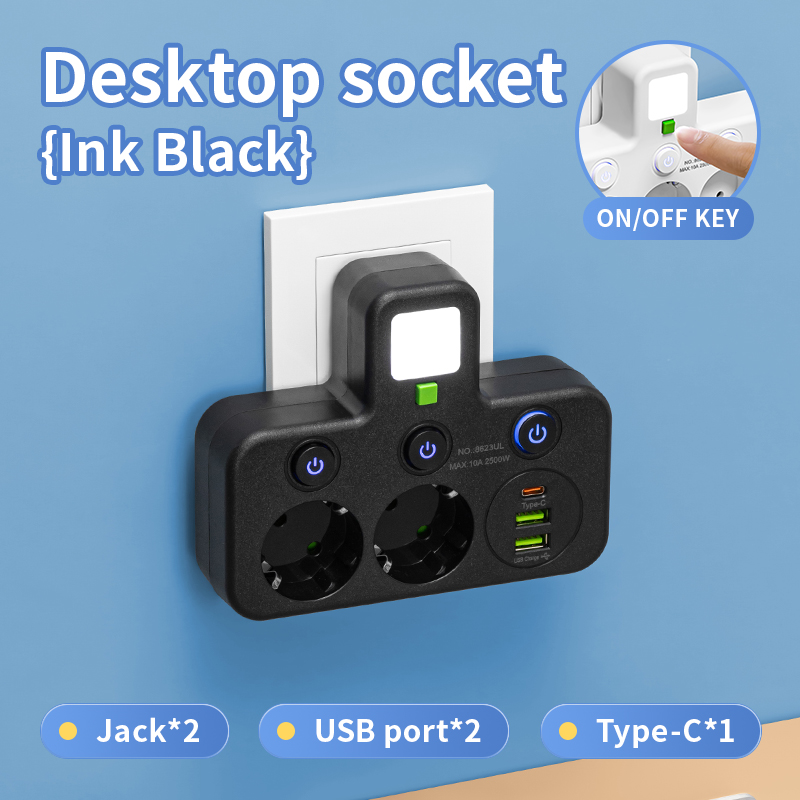 Regleta de enchufe estándar europeo montada en la pared con enchufe europeo con carga USB C, adaptador de filtro de red de interruptor independiente de 5 CA: BLANCO
