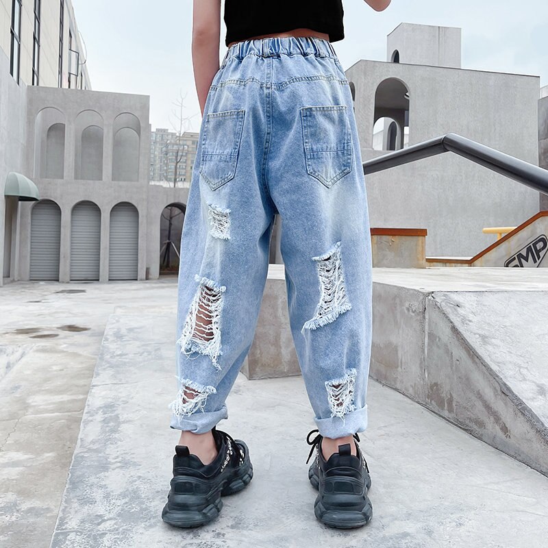 Nuovi Jeans strappati alla moda 2021 per ragazze pantaloni in Denim 4-14 anni bambini coreani adolescenti pantaloni larghi a matita abiti estivi