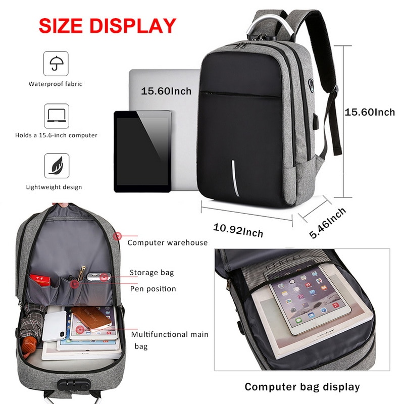 Anti-theft Backpack 15.6 Inch Waterproof Laptop Backpack USB Charging Men Travel Backpack Teenage Student School Shoulder Bags