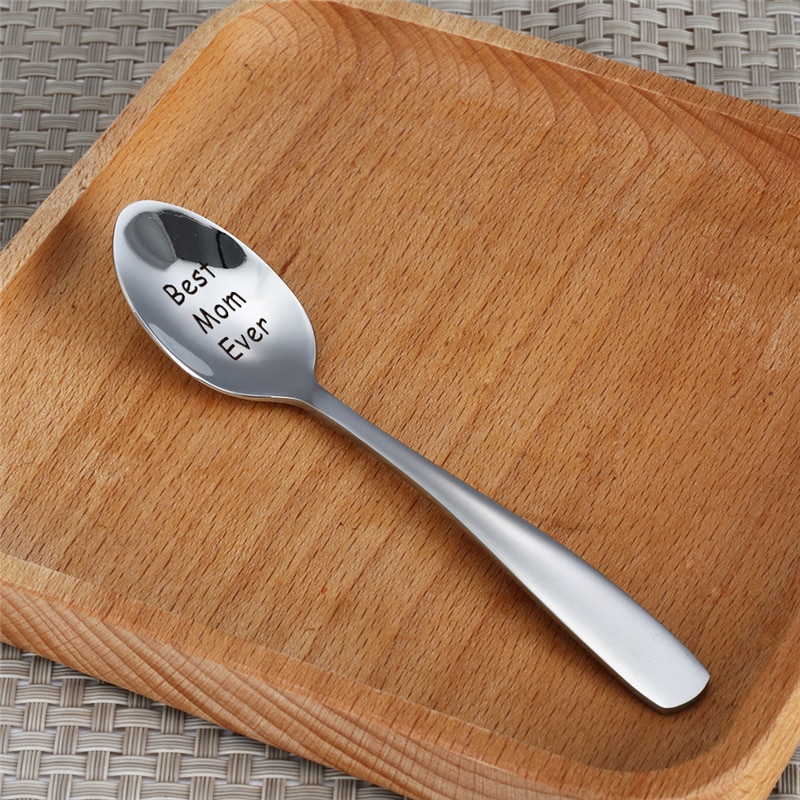 1pc Stainless Steel Smooth Carved Coffee Spoon Teaspoon For Mom Dad Family Stirring Milk Dessert Scoop Tableware 13.1*2.5cm