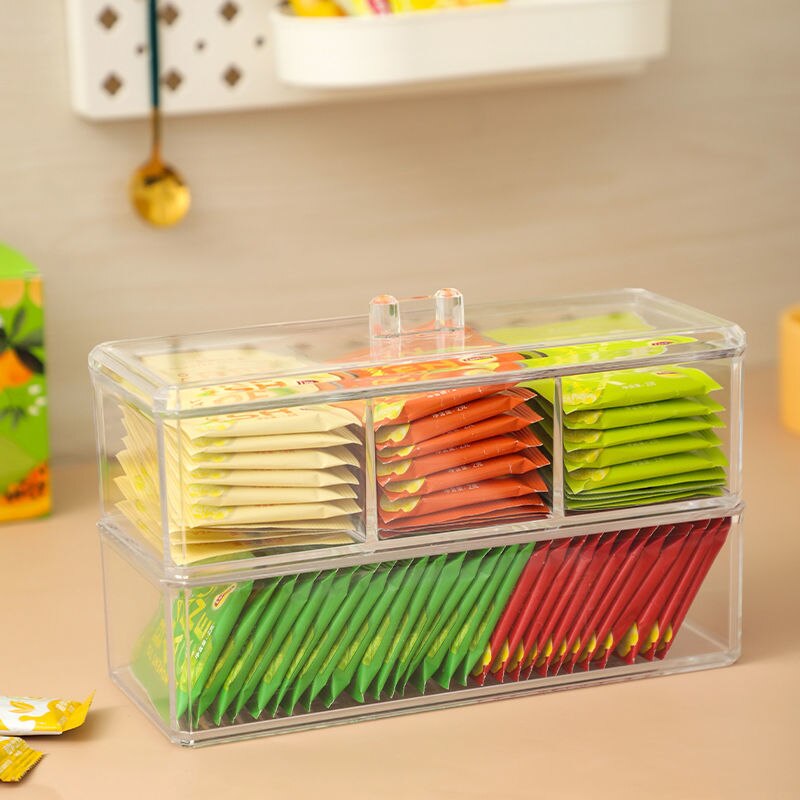 Caja de almacenamiento de bolsas de té, cajonera de clasificación de cápsulas de café, tarro de almacenamiento sellado de acrílico con tapa, contenedor de azúcar para té y café