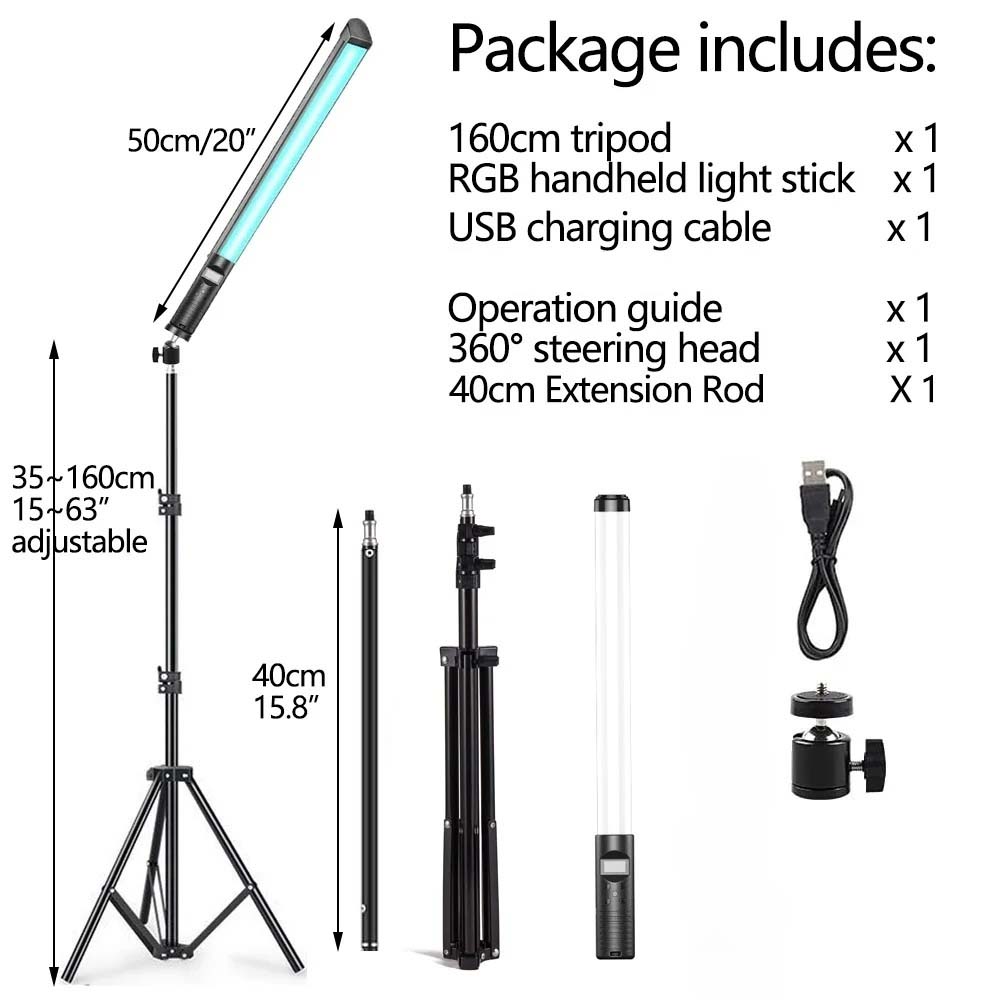 Baguette lumineuse portative RGB LED 20 "50cm, Tube lumineux pour photographie, bâton lumineux avec gradation, batterie Rechargeable avec trépied: Violet