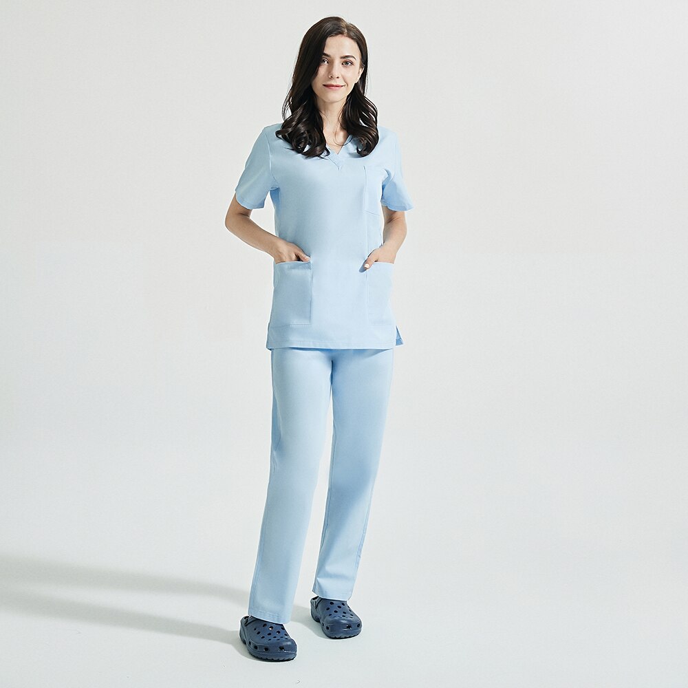 Kosmetolog scrub uniformer skønhedssalon dame uniform scrub sæt spa uniformer v krave kortærmede scrubs toppe + bukser: Himmelblå / S