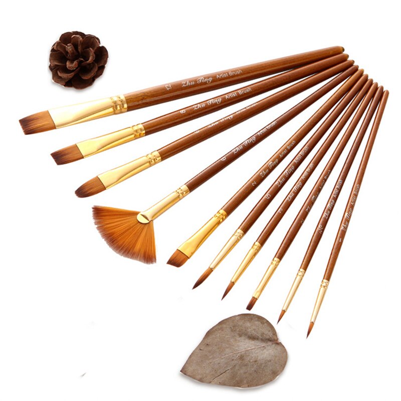 Juego de pinceles de nailon para pintura, Set de pinceles para pintura de pelo, varilla corta, pincel acrílico para aceite, pluma de acuarela, suministros de arte , 10 Uds.