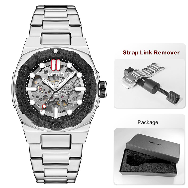 MEGIR Heren Automatisch Mechanisch Horloge - Skeleton Wijzerplaat, Roestvrij Staal Band, 3Bar Waterdicht: Goud