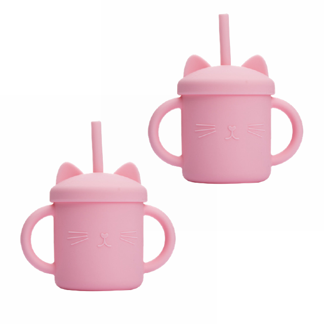 2PCS Baby Feeding Cups Silicone Drinkware Cute Cartoon Cat Sippy Cup For Toddlers Kids Sippy Cup Lids Solid With Handle Drinker: 2PcsPink