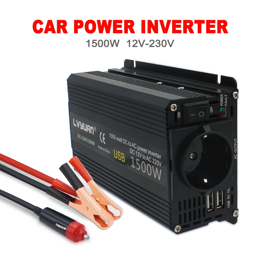 1500W Car Inverter Converter 2 USB EU Large Power Inverter Webasto 12 volts Inversor12v 220 v inversores solar de onda pura