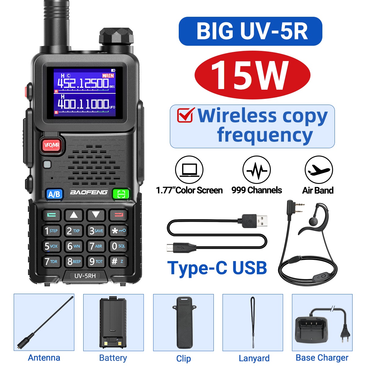 Baofeng UV 5RH 10W Air Band Walkie Talkie Long Range Wirless Copy Frequency Two Way Ham Radio Type-C Baofeng UV 5R Transceiver: Blue / US
