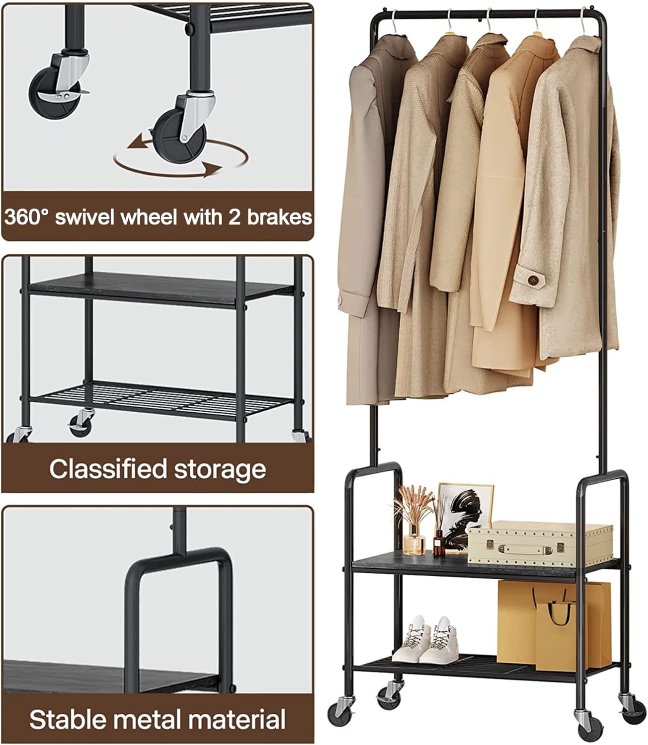 Perchero rodante para ropa, perchero que ahorra espacio con ruedas, organizador colgante portátil con 2 estantes, ropa de metal resistente