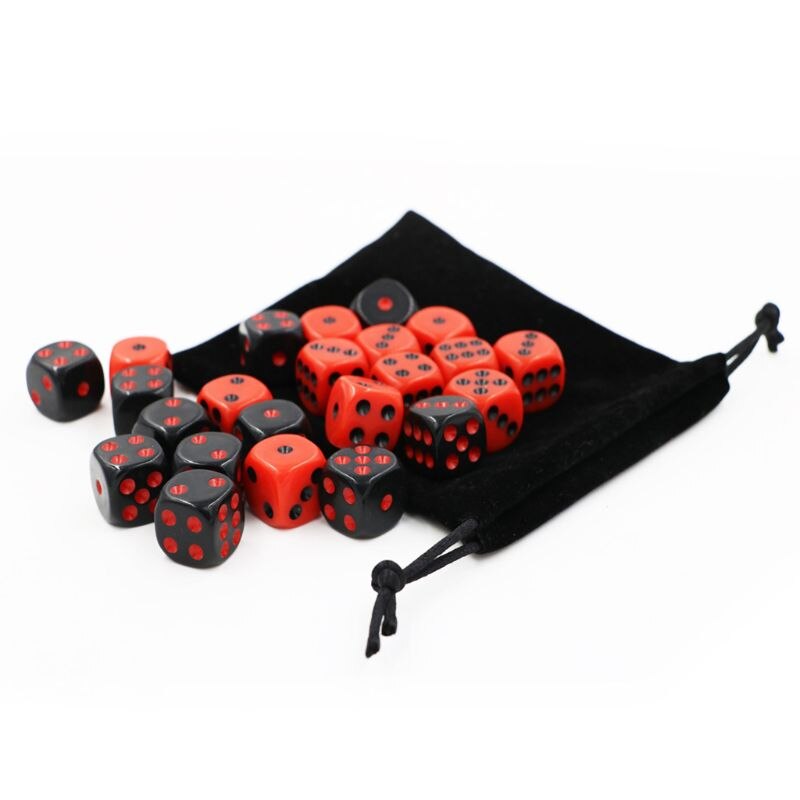 24 Stks/set 16 Mm Dobbelstenen Ronde Hoek Punt Dobbelstenen Rpg Gokken Games Cube Party Bordspel Zwart Rood Met Fluwelen tas N58B