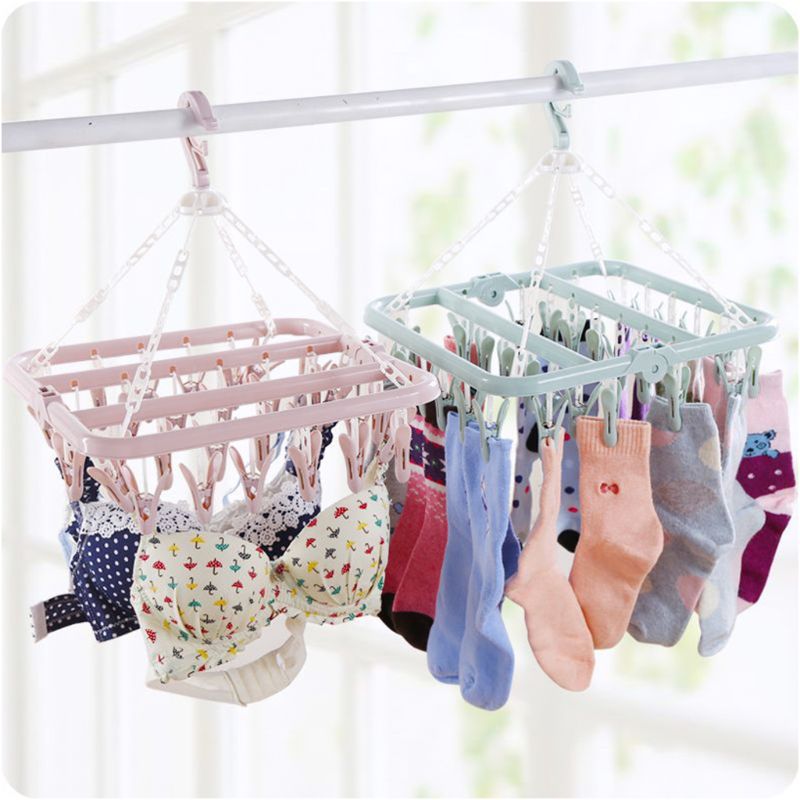 Foldable 32 Peg Windproof Clothes Hanger Dryer Washing Line Airer Clothes Underwear Socks Pants Hanger Household Storage