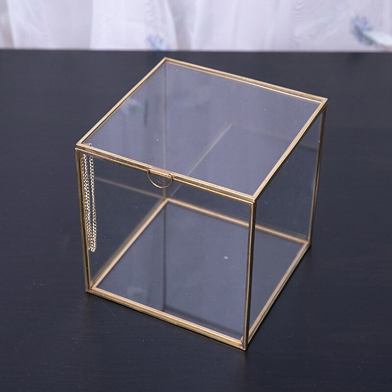 Geometriske firkantede øreringe glas opbevaringsboks vielsesringkasse kosmetisk organisator smykker opbevaringsboks lille til gæster: Guld / 8 x 8 x 8cm
