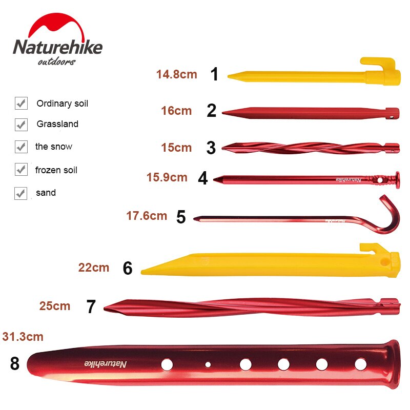 Naturehike Outdoor Aluminum Alloy Tent Nails Ultralight Stakes Peg Hook Nails Camping Equipment Accessories