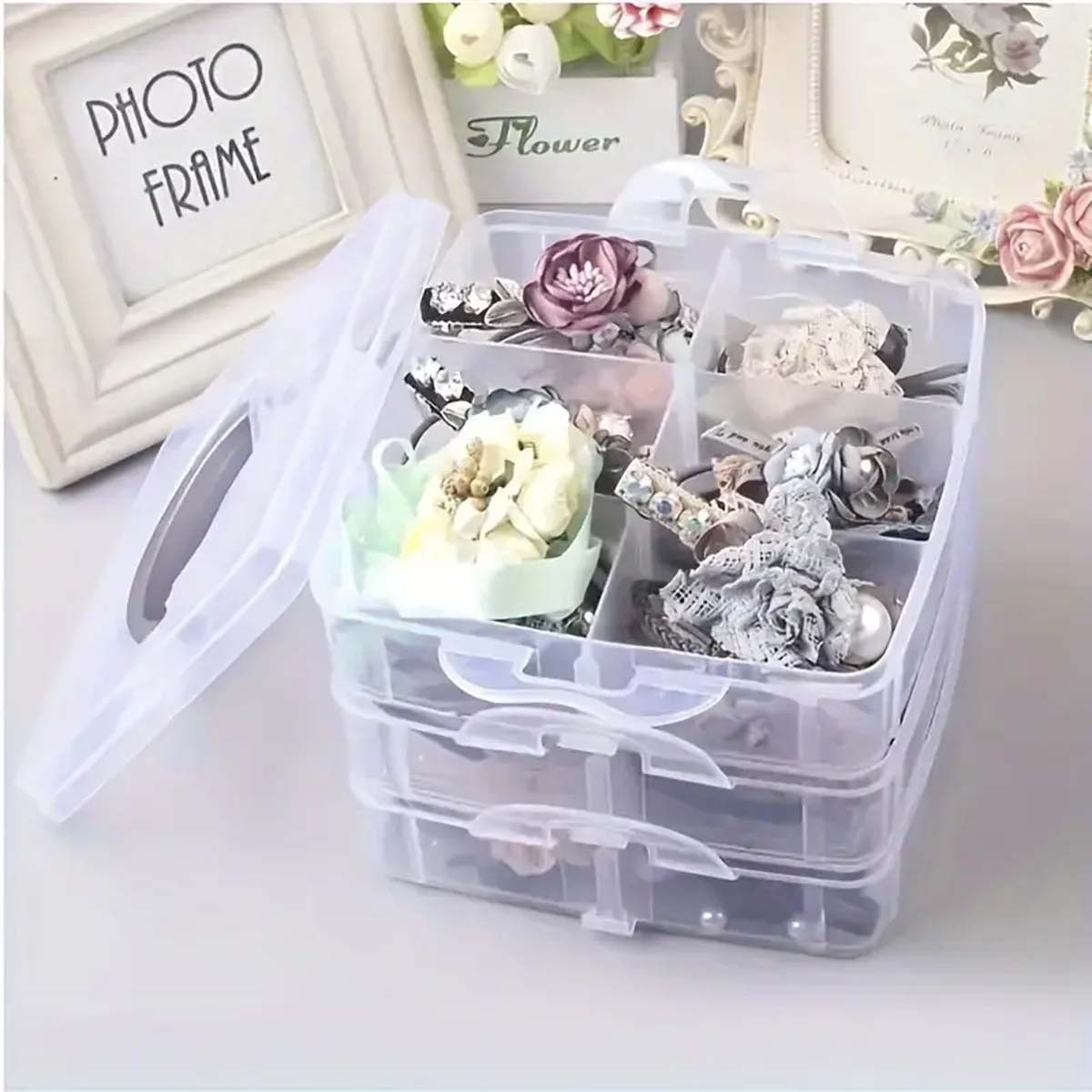 Caja organizadora de almacenamiento apilable de 3 niveles con 18 compartimentos ajustables, contenedor de plástico transparente con cierre a presión para juguetes, joyas