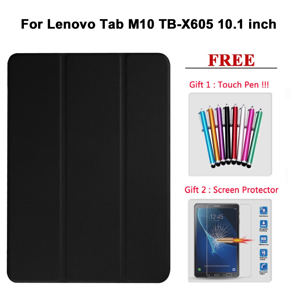 Free Screen Protector Glass +Case For Lenovo Tab E7 / E8 / E10 / M10 PU Leather Smart Magnetic Cover TB/X104F/7104F/8304F/X605F: Tab M10 hei