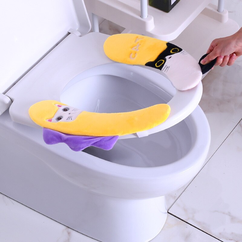 Cartoon Cute Toilet Seat Cover Warm Soft Thicken Toilet Seat with Handle Winter Warmer Universal Mat Seat Bathroom Accessories