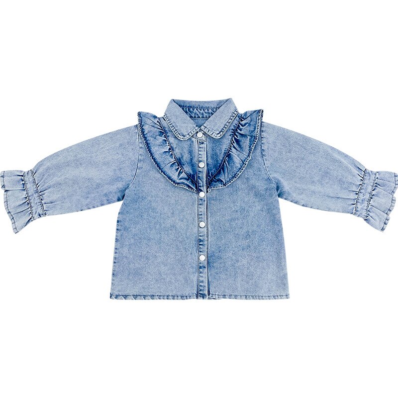Autumn Girls Long Sleeve Blouses Kids Denim Falbala Blouses: 5T