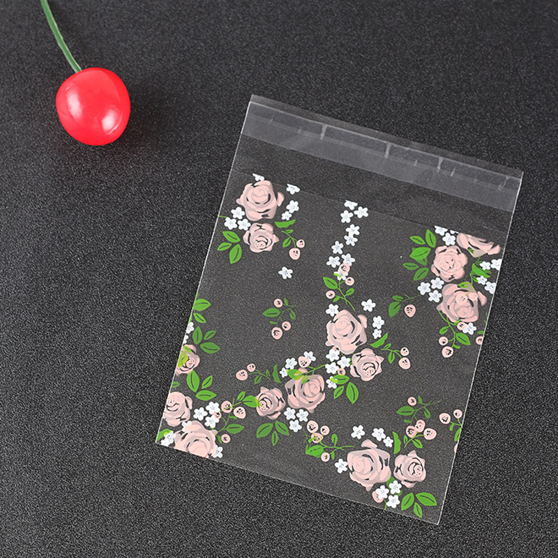 100Pcs packaging bag plastic self-adhesive DIY biscuit packaging bag bread baking supplies candy packaging party decoration: Rose flower / 10x10cm