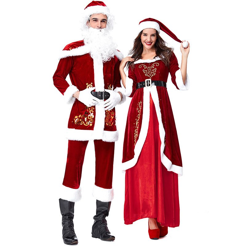 Costume de noël pour homme et femme, tenue Cosplay pour adulte, chapeau + veste + pantalon + barbe