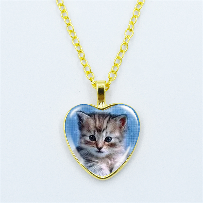Collar con colgante de corazón de gato para mujer, joyería de cadena fina con cara de gema de cristal y Metal a la , accesorios de para niños: Color oro puro