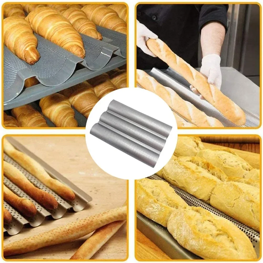 Sartén para hornear ondulada con 3 ranuras, molde para Baguette recubierto antiadherente, fácil de limpiar, bandeja para hornear Baguette resistente a altas temperaturas
