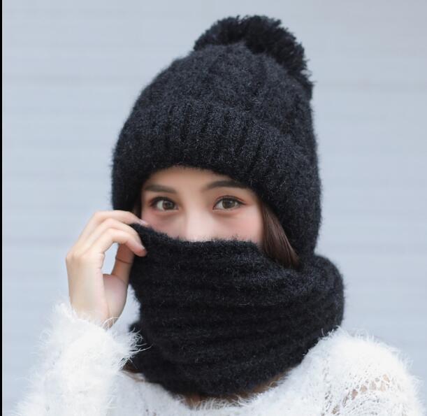 Vrouwen Hoeden Herfst Winter Modemerk Hoeden Sjaal Breien Tweedelige Vrouwen Gorros Casual Cap Sjaal Chapeu Feminino Bonet: black