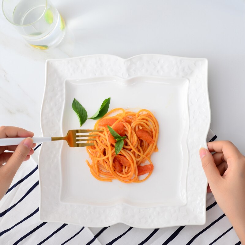 3pcs set, 6+8+10inch, plain white embossed porcelain kitchen plates sets, ceramic square servies borden, wedding buffet dishes
