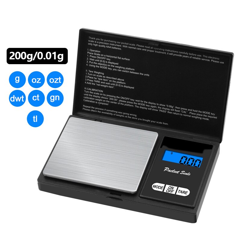 Mini báscula electrónica de bolsillo, balanza digital de joyería de plata de ley y oro, 100g, 200g, 300g, 500g, 0,01g, 1kg, 0,1g, g: 200g 0.01g