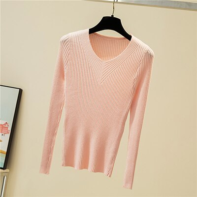 Herfst winter truien dames chique v-hals slanke trui dames gebreide truien lange mouwen warme basic zwarte tops: Roze