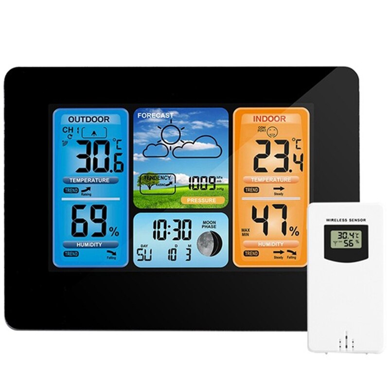 2 einstellen Digitale nasser Bahnhof Thermometer Hygrometer Barometer Prognose Uhr-Schwarz & Holz Farbe