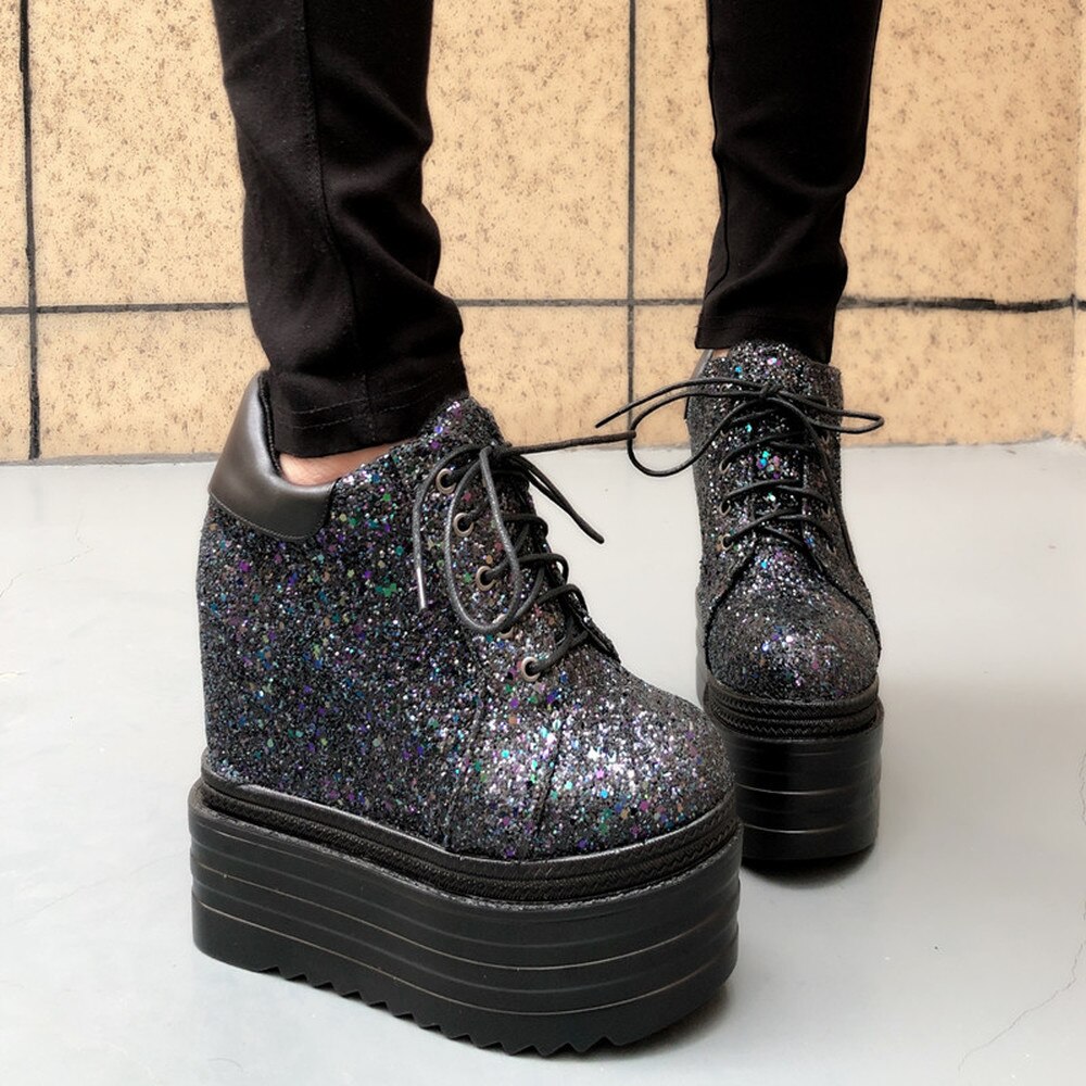 14cm dames ronde neus platform pailletten bling sneakers wedge super hoge verborgen hak schoenen punk kant  up 2 kleuren meisjes