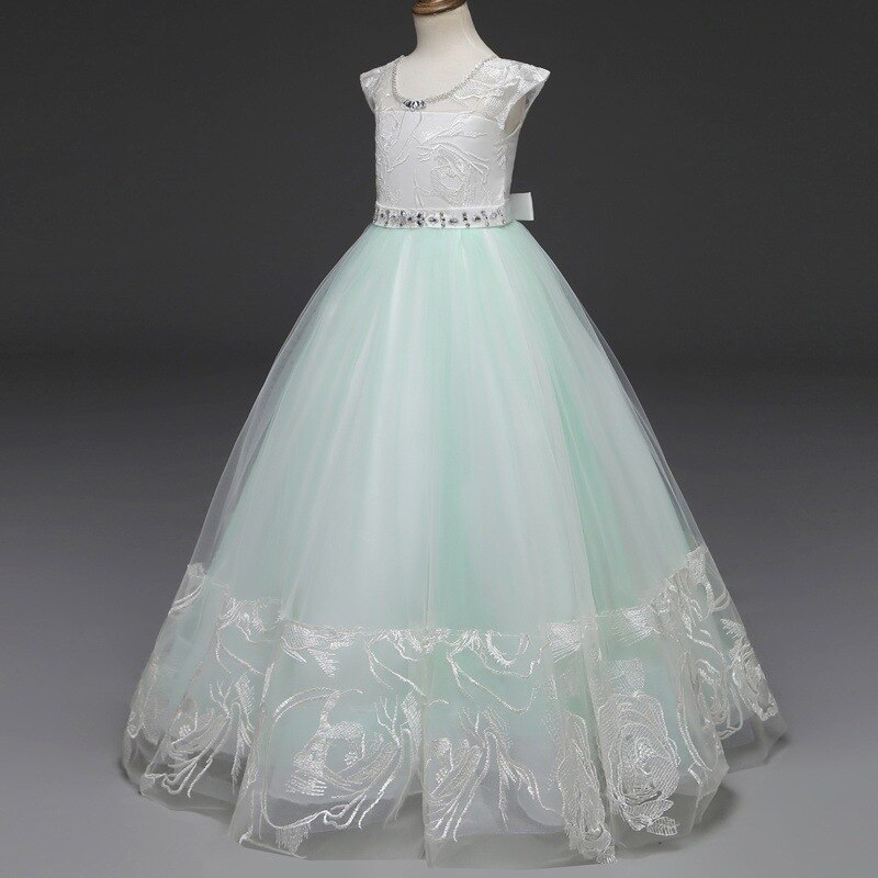 Mint Green Ball Gown Lace Flower Girl Dresses Floral Organza Floor Length Girls Pageant Dresses First Communion Dresses: Child-8