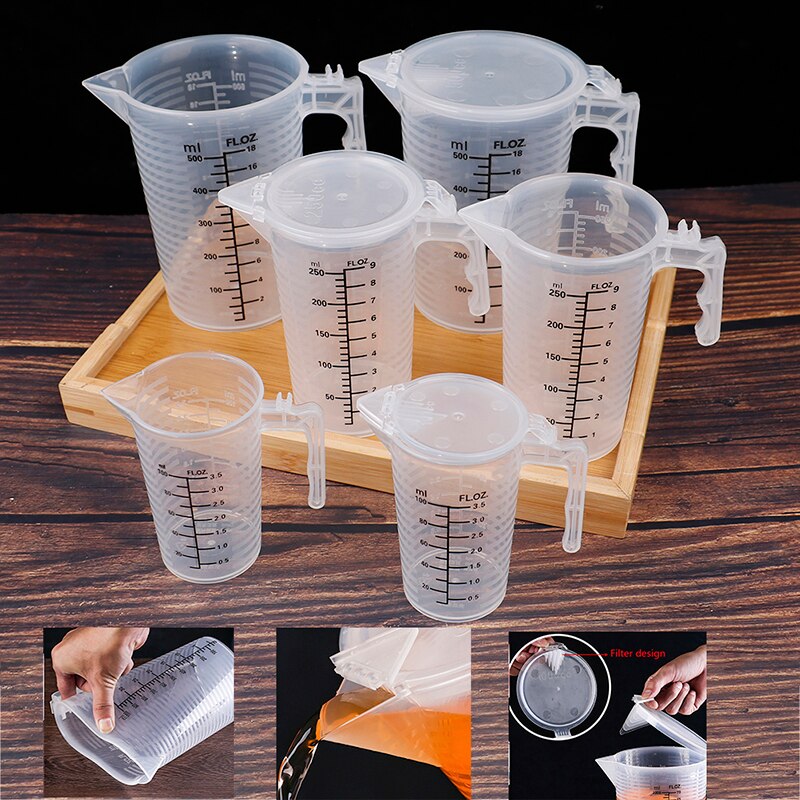 1PC 100/250/500ML Plastic Measuring Cups Jug Liquid Container Baking Kitchen Water With Cover Kitchne Accessories Mixing Cup