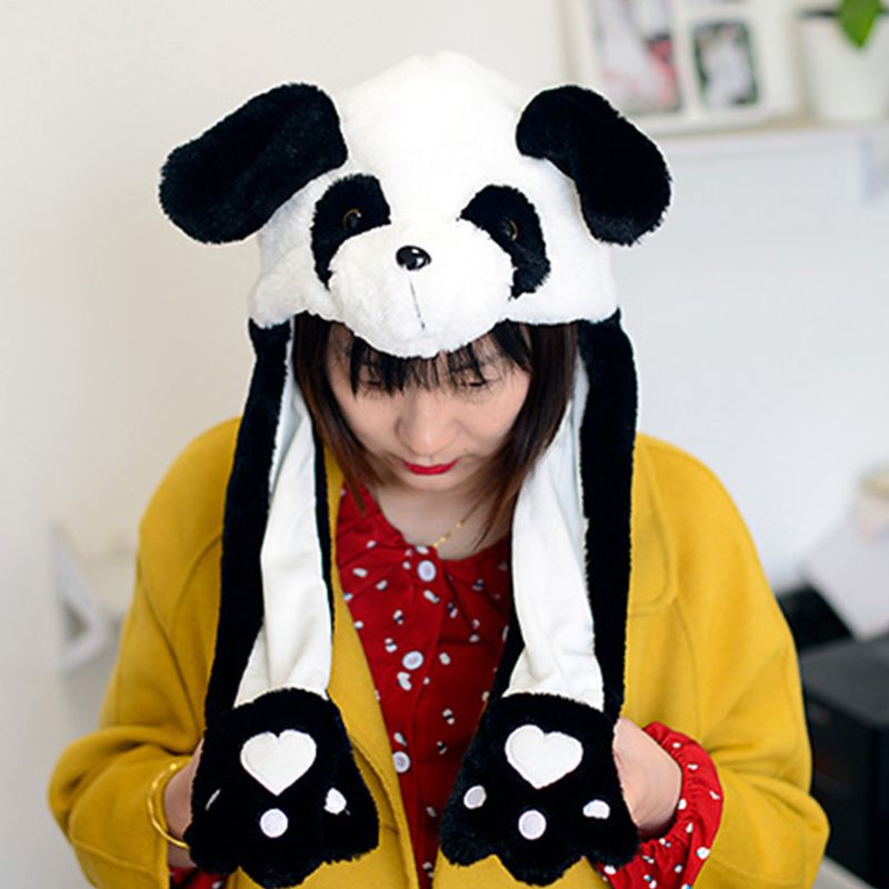 Barn vuxen kort plysch söt 3d tecknad panda djurhatt med rörliga öron dubbla krockkuddar tassar varm öronlock lock leksak fest rekvisita