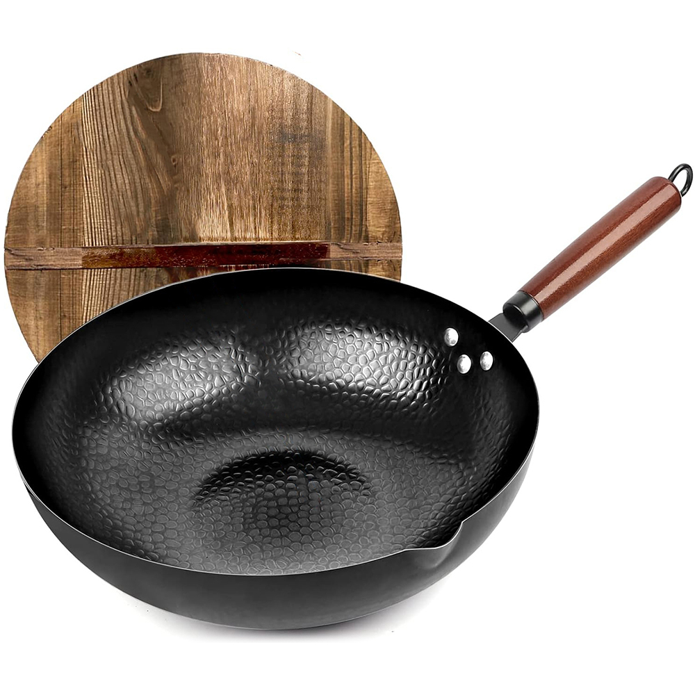 32cm wok-pande i kulstofstål, wok- og wokpander, uden kemikaliebelægning, fladbundet kinesisk wokpande til induktion, gaskomfurer, alle