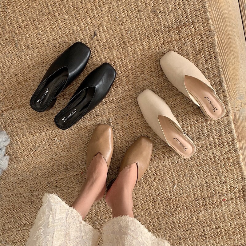 retro Oma Maultiere Schuhe Damen lässig Leder Hausschuhe Hause Ich bin Freien Rutschen Med-hoch Fersen kippen-Flops Femme Karree pantufla