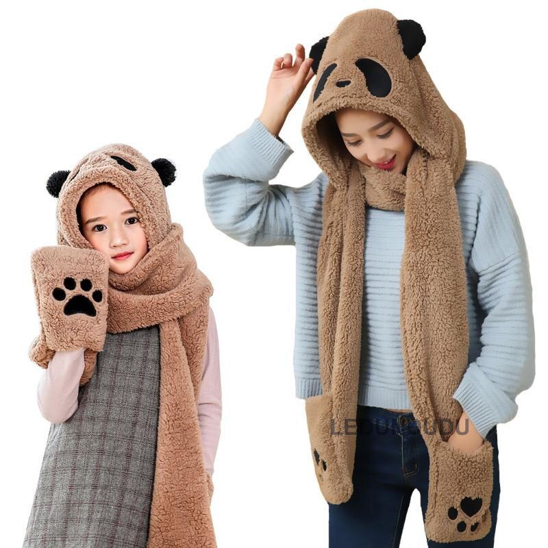 3 in 1 functies dier cartoon koraal fleece sjaal winter mooie panda muts met handschoenen voor kinderen volwassenen kerst