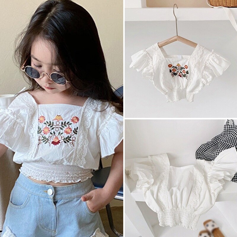 ♕s Sweet Girl Shirt Embroidery Lace Shirt Short Top Childrens Clothing