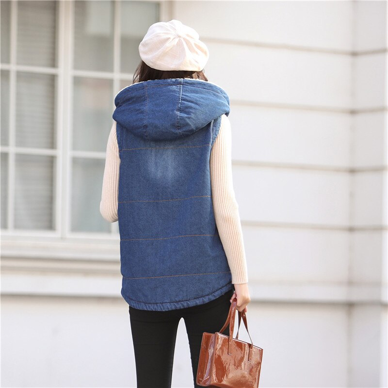 Uhytgf ermeløs høst vinter denim vest kvinner pluss fløyel tykk lamme kashmir varm vest vest løs korte jeans vester 1514