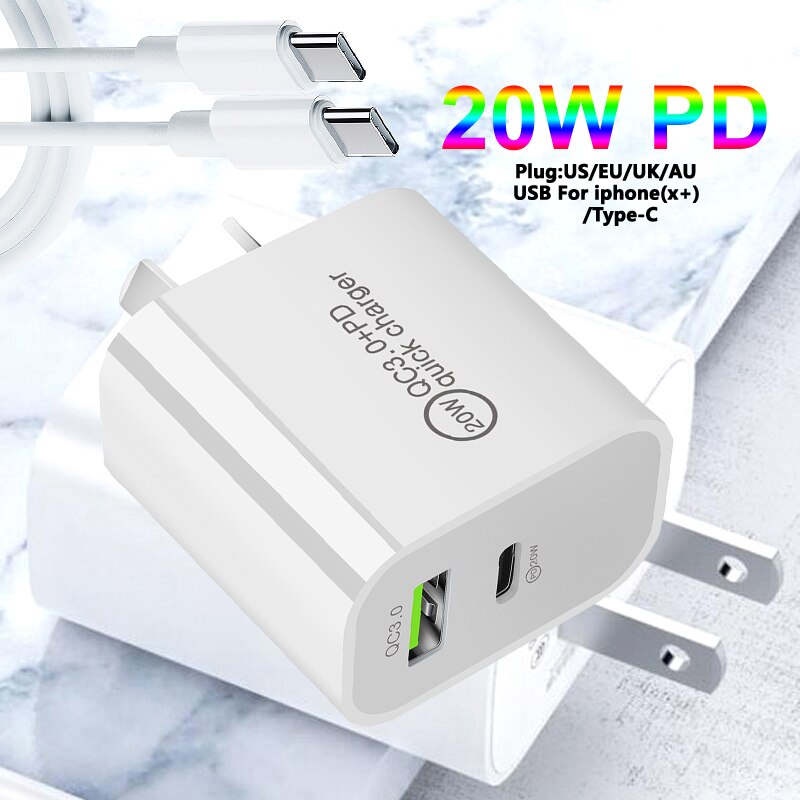 USB fast charge plug PD 5V3A 9V2A QC3.0 Mobile phone tablet charge cable For UK/AU/US/EU For iPhone/Type-C 20W Office charger