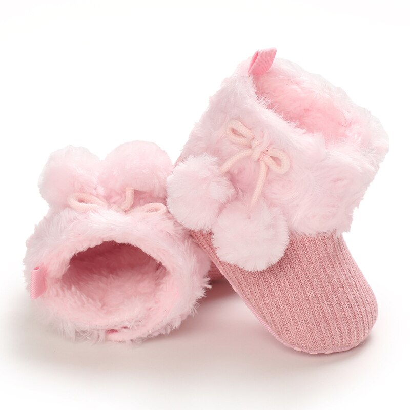 Toddler Baby Warm Winter First Walker Knitting Pompom Boots Solid Prewalker Anti-Slip Cotton Boots Children Crawling Shoes: Pink / 13