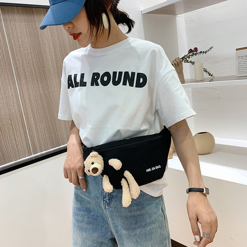 Koreaanse Ins Oude Gevoel Meisje Beer Borst Bag Vrouwelijke Japanse Studenten Canvas Taille Tas Zomer Kleine Satchel