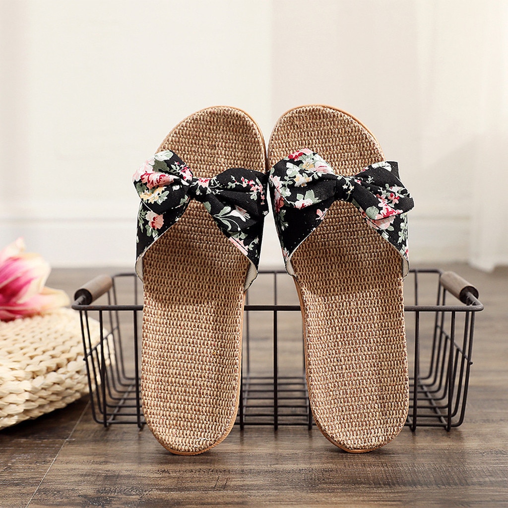 Vrouwen Indoor Slippers Vrouwelijke Strik Vlas – Grandado