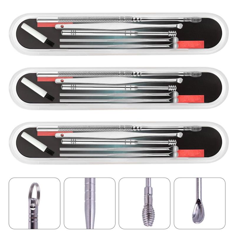 3 Sets Reinigingsborstel Oor Lepel Set Rvs Ear Wax Removal Tools Oor Picks Cleaning Brush Kit Professionele Oor wax