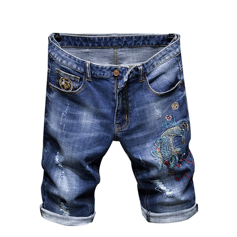 Japanske mænd koi broderi denim shorts korte jeans sommer elasticitet hul blå afslappet shorts harajuku jeans: 29