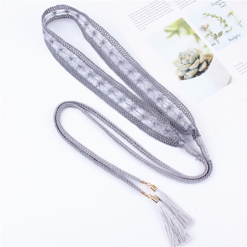 Cinturón de cintura de encaje trenzado para mujer, cinturón de cintura calado, decoración de falda, cinturón con borlas, tejido torcido, cuerda de nudo: grey