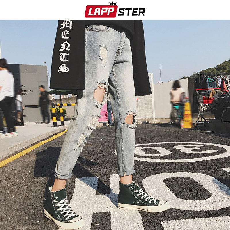 Lappster skinny jeans herr slitna hål streetwear herr distressed jeans slim fit manliga blå jeansbyxor
